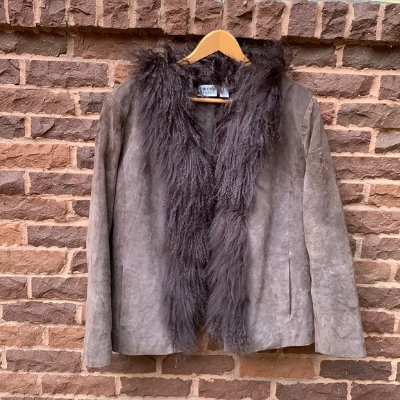📌 Chicos Brown Suede/Mongolian Fur Collar Mid Length Jacket - Picture 2 of 5